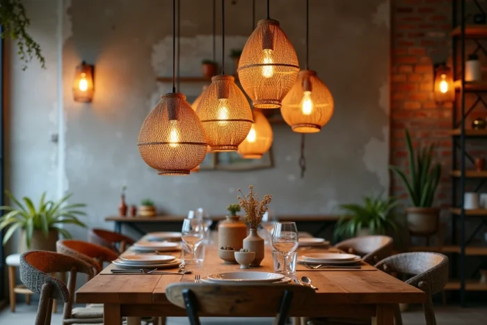 Luminaires en rotin brut et câblage cuivre apparent suspendus à hauteurs variées au-dessus d'une table en bois recyclé dans une salle à manger éclectique