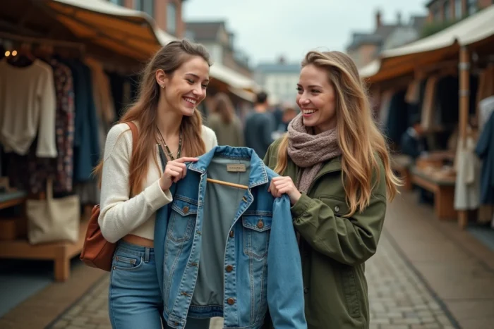 Deux femmes explorant un marché de vêtements vintage et upcyclés en plein air en riant ensemble