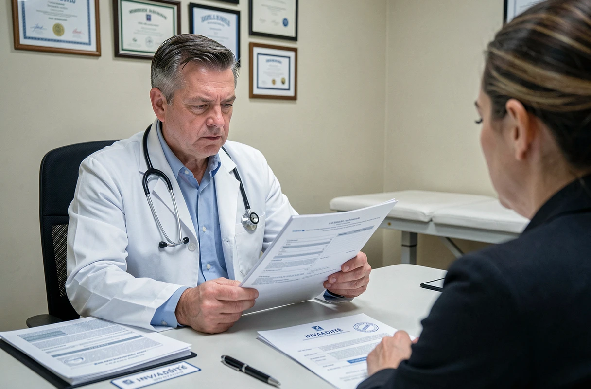 Médecin examinant un dossier d'invalidité lors d'une consultation médicale pour burn out professionnel