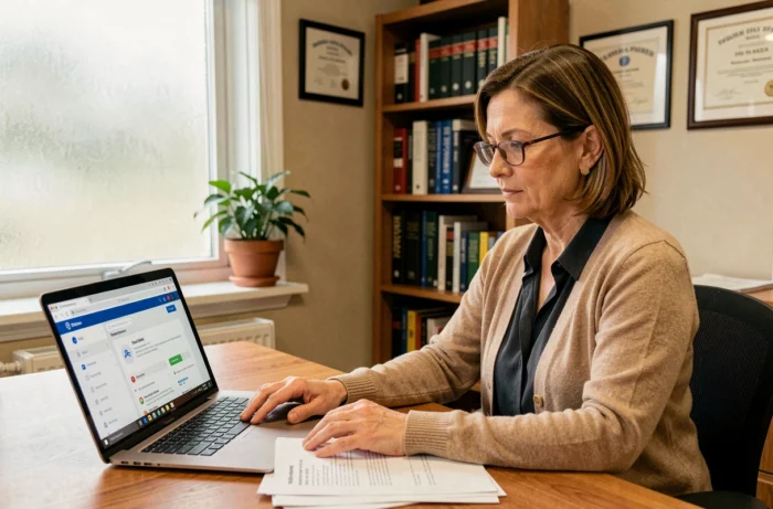 Médecin généraliste naviguant sur une plateforme de gestion médicale depuis son bureau de consultation avec des documents papier