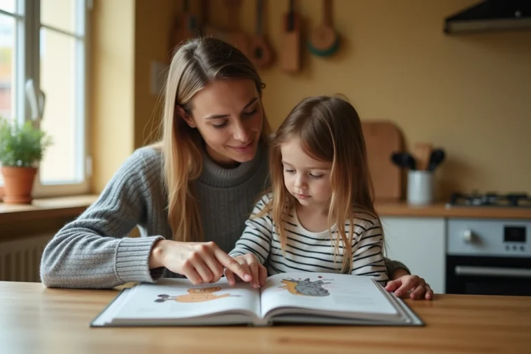 Mère et enfant lisant un livre illustré ensemble à la table de cuisine, moment d'apprentissage familial chaleureux