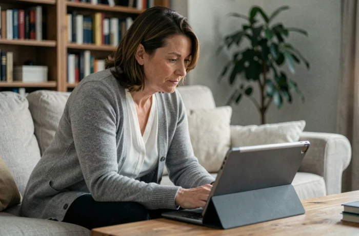 Une mère de famille concentrée consulte une tablette dans son salon pour configurer un compte utilisateur sur une plateforme familiale numérique