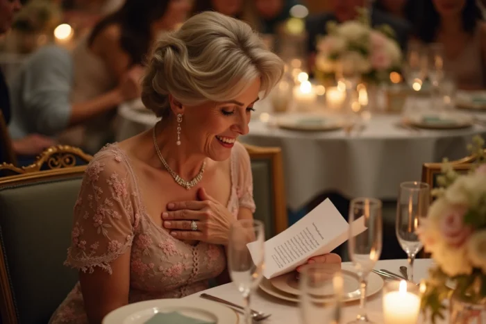 Une mère touchée lisant un message centré sur son rôle de parent lors d'un dîner de mariage