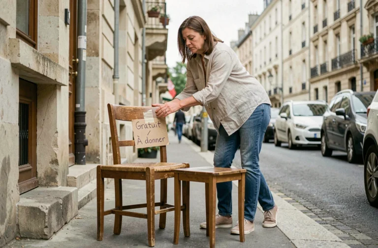 Femme déposant des meubles gratuits sur le trottoir devant un immeuble parisien avec un panneau À donner