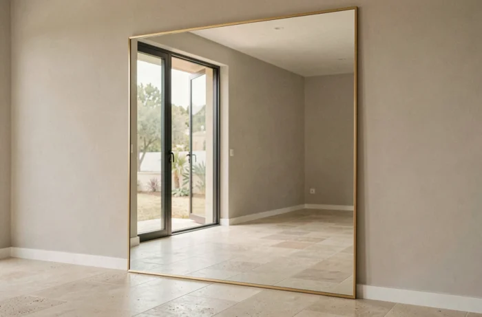 Grand miroir format salon positionné face à une fenêtre reflétant la lumière naturelle et donnant l'impression d'une seconde ouverture dans la pièce