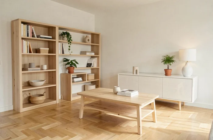 Salon scandinave meublé en bois clair de frêne et mobilier laqué blanc reflétant la lumière ambiante plutôt que de l'absorber