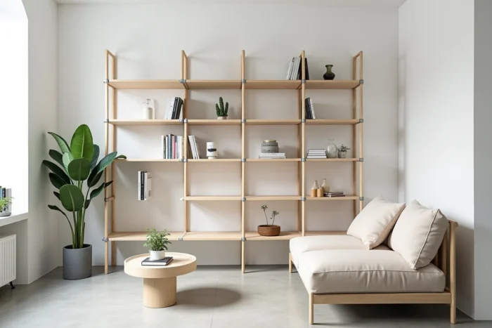 Mobilier modulable à structure démontable en bois et métal assemblé dans un intérieur scandinave minimaliste avec étagères et assises configurables