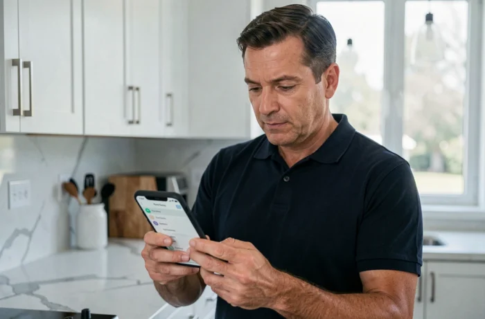 Homme consultant l'application MyFoncia sur smartphone pour modifier ses coordonnées de copropriété