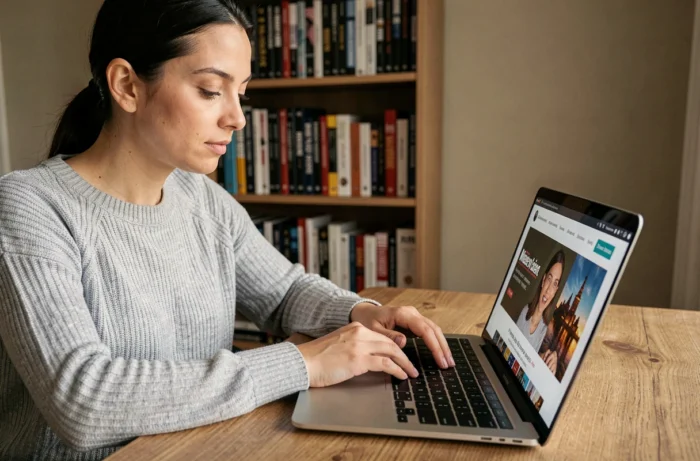 Femme naviguant sur un site de cinéma via un ordinateur portable, représentant l'utilisation d'une carte de site pour se repérer facilement