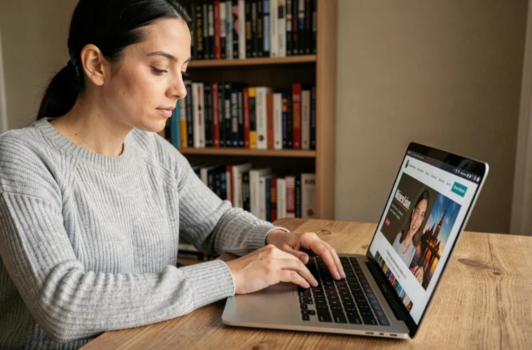 Femme naviguant sur un site de cinéma via un ordinateur portable, représentant l'utilisation d'une carte de site pour se repérer facilement