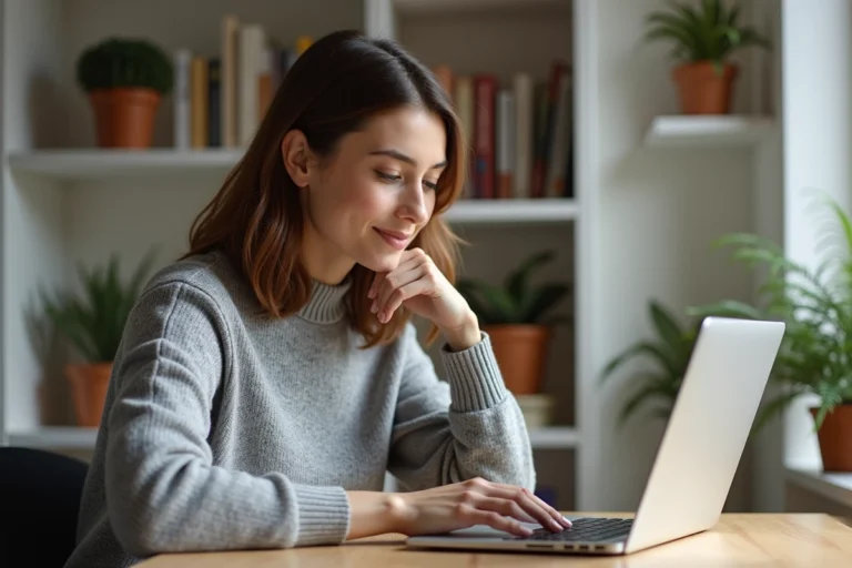 Femme naviguant facilement sur un site web grâce à un plan de site clair, assise à un bureau en bois dans un bureau à domicile cosy