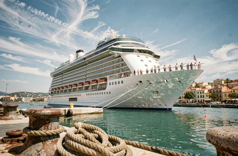 Grand navire de croisière amarré dans un port méditerranéen français avec des passagers sur le pont