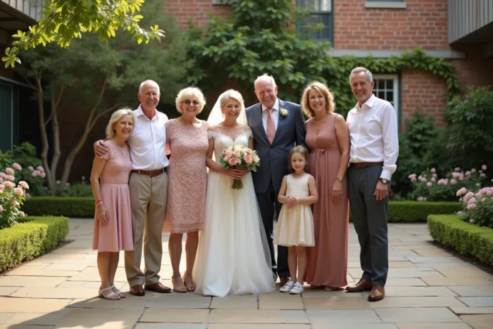 Une grande famille élargie réunie en plein air après le mariage, plusieurs générations ensemble