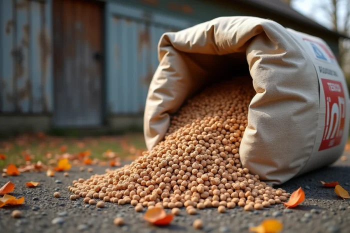 Gros sac de pellets en vrac avec étiquette promotionnelle devant une grange en automne