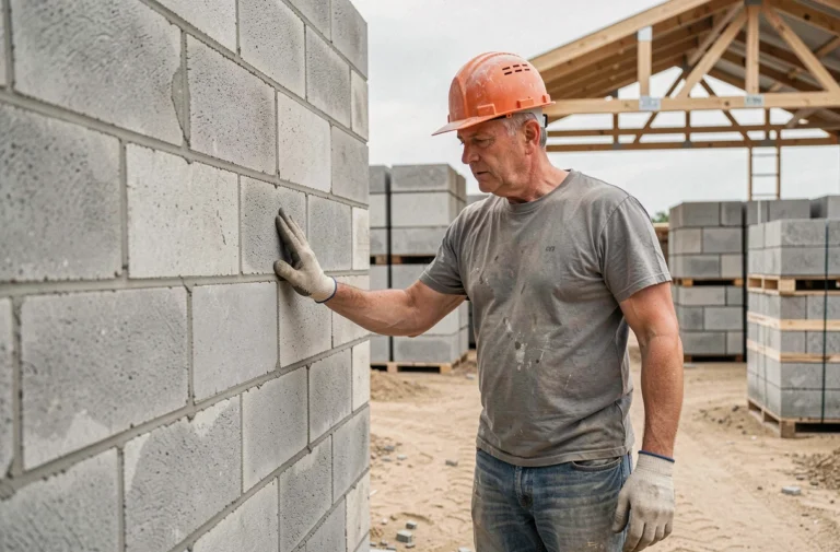 Ouvrier examinant un mur en parpaing sur un chantier de construction résidentiel