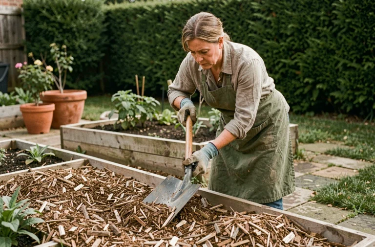 Jardinière appliquant du paillis de copeaux de bois autour de carrés potagers pour empêcher la pousse des mauvaises herbes