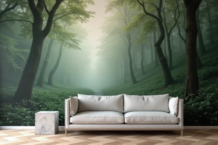 Papier peint panoramique représentant une forêt brumeuse aux encres écologiques couvrant un mur entier dans un salon minimaliste avec parquet en chêne