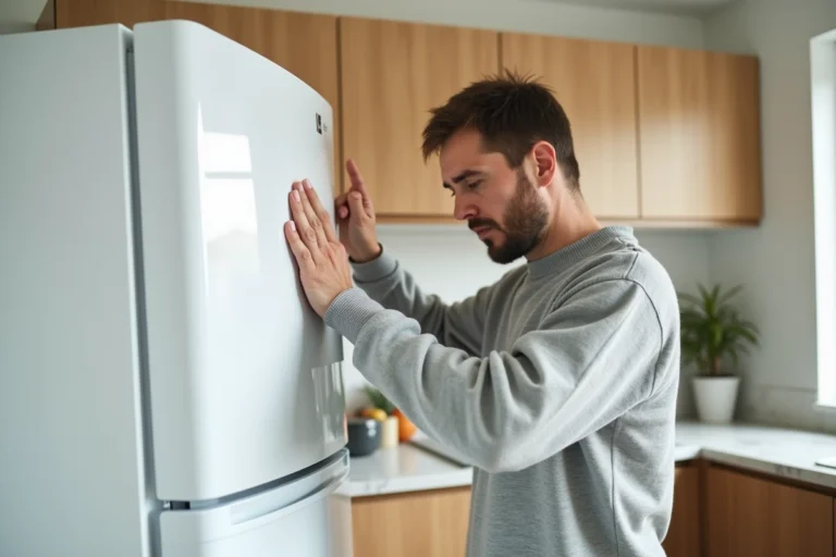 Personne touchant la paroi extérieure chaude d'un réfrigérateur blanc dans une cuisine moderne