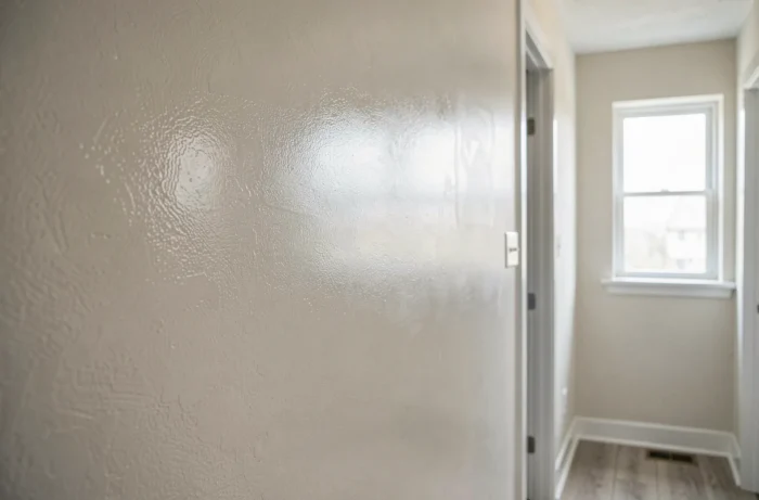 Mur en peinture satinée blanc cassé sur la surface perpendiculaire à la fenêtre réfléchissant subtilement la lumière naturelle dans un couloir résidentiel
