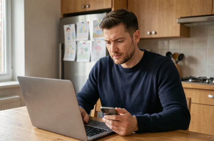 Un père de famille assis dans sa cuisine moderne consulte son ordinateur portable et son smartphone pour gérer un compte parental en ligne
