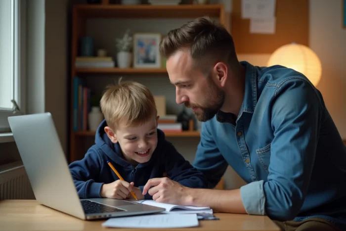 Père aidant son fils à faire ses devoirs devant un ordinateur portable dans un coin bureau à domicile