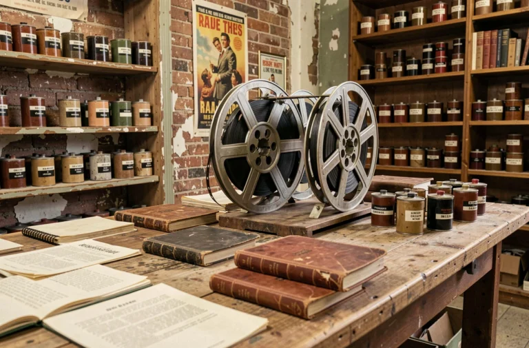 Salle d'archives cinématographiques avec bobines de films vintage, affiches classiques et accessoires de tournage évoquant les grands personnages du cinéma