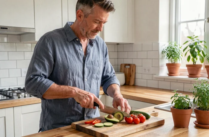 Homme préparant un petit-déjeuner sain à base d'avocat et de légumes frais dans une cuisine moderne pour prendre soin de sa santé