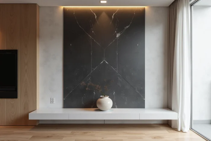 Panneau décoratif en pierre naturelle calcaire belge noire intégré dans un mur en plâtre neutre avec vase céramique sculpturale dans un salon contemporain épuré