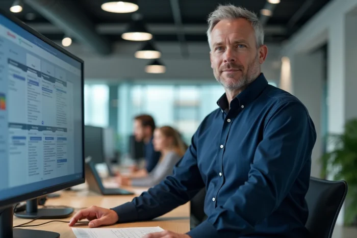 Homme professionnel analysant un plan de site détaillé sur un grand écran dans un bureau moderne en open space