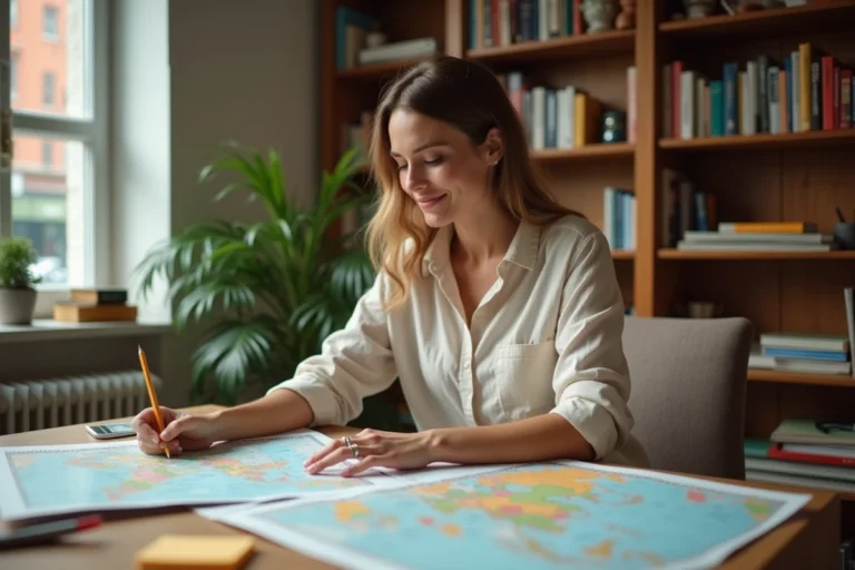 Femme planifiant un itinéraire de voyage sur mesure avec des cartes et des carnets sur un bureau en bois