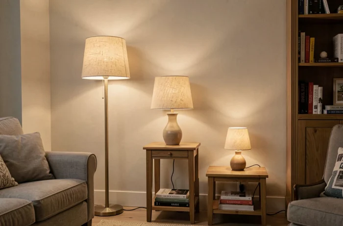 Coin salon avec trois points lumineux à hauteurs distinctes : lampadaire, lampe de table et veilleuse basse, créant une ambiance étagée et équilibrée