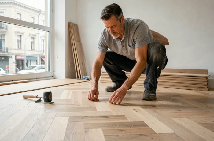 Homme posant un parquet en chêne en chevron dans un appartement en rénovation, avec les murs fraîchement enduits et des lames de bois empilées en arrière-plan