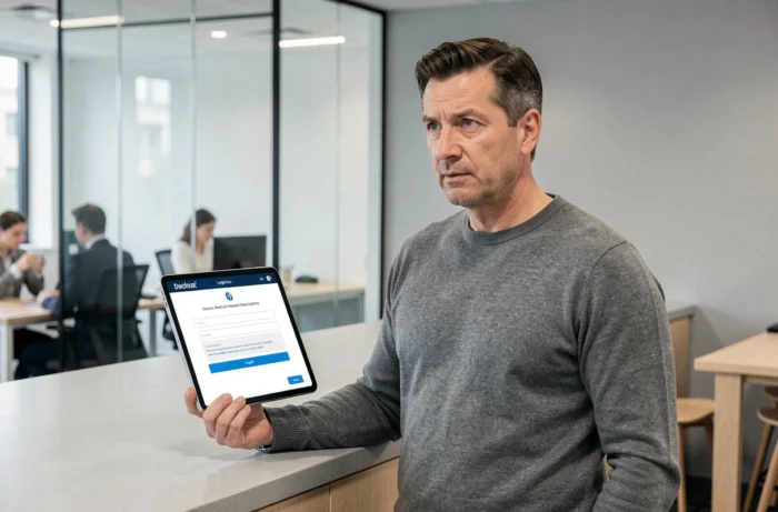 Homme utilisant une tablette pour se connecter au portail Orchestra dans un bureau professionnel