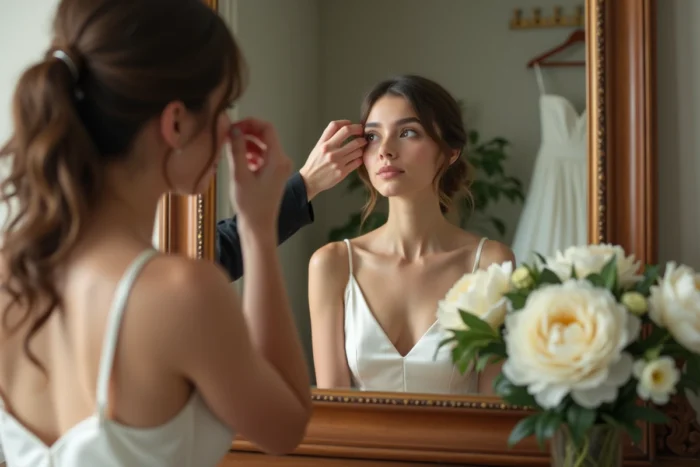 Préparatifs de la mariée devant un miroir vintage dans une suite hôtelière, coiffeuse en bois, robe en soie ivoire et pivoines blanches, ambiance intimiste