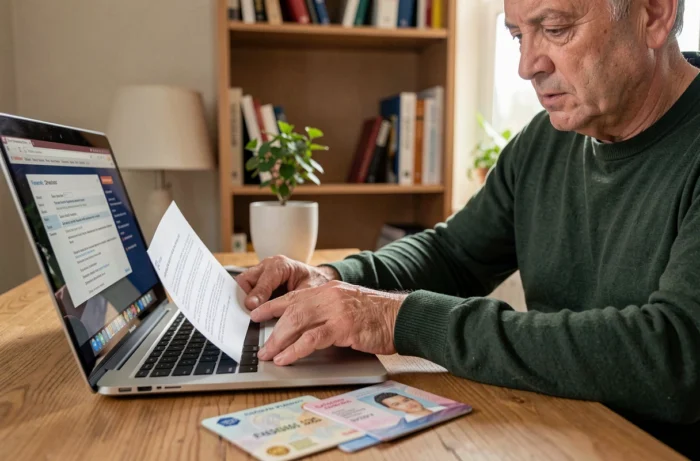 Homme préparant les documents nécessaires au renouvellement de sa carte d'identité depuis son domicile
