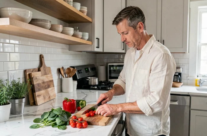 Homme préparant un repas sain et coloré dans une cuisine moderne pour illustrer une alimentation équilibrée au quotidien