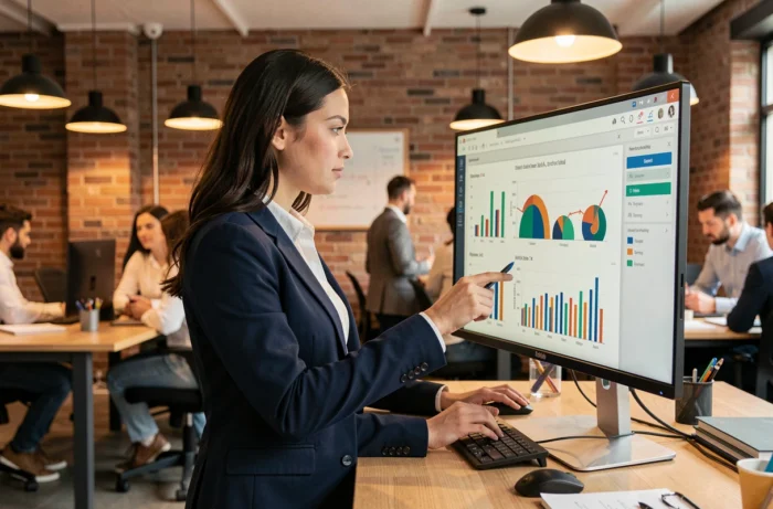 Professionnelle analysant des données dans un espace de coworking moderne pour une entreprise en croissance