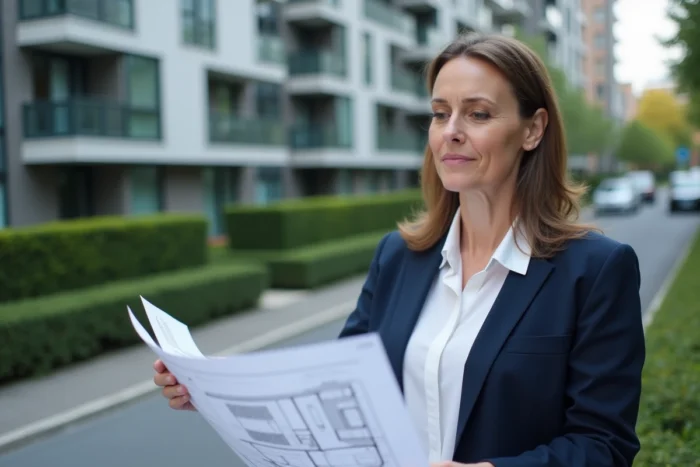 Professionnelle de l'immobilier analysant des plans architecturaux devant un immeuble résidentiel moderne en 2024