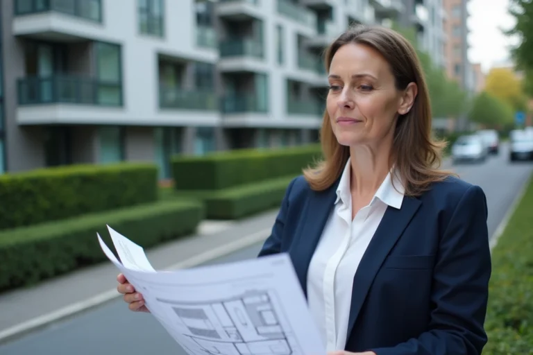 Professionnelle de l'immobilier analysant des plans architecturaux devant un immeuble résidentiel moderne en 2024