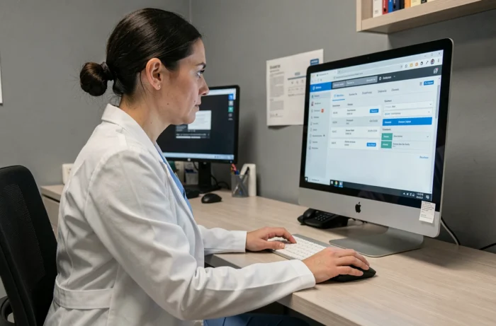 Professionnelle de santé consultant un portail médical en ligne sur un ordinateur de bureau dans un bureau clinique moderne