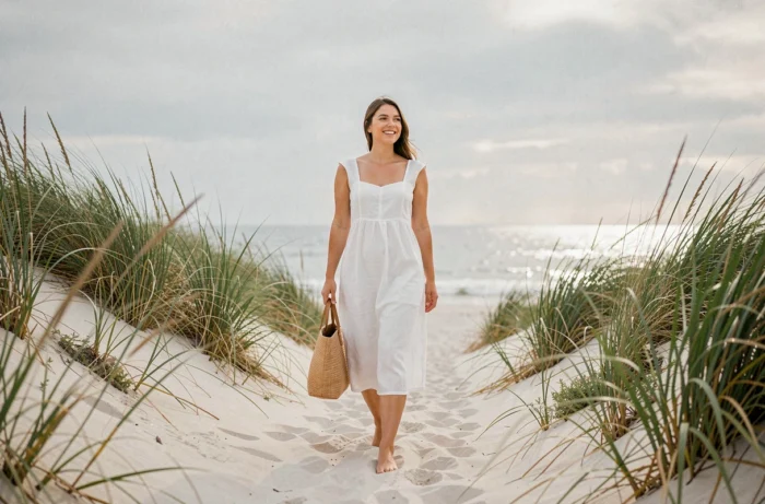Jeune femme marchant pieds nus sur un chemin de plage en lin blanc symbolisant la liberté et le bien-être au quotidien
