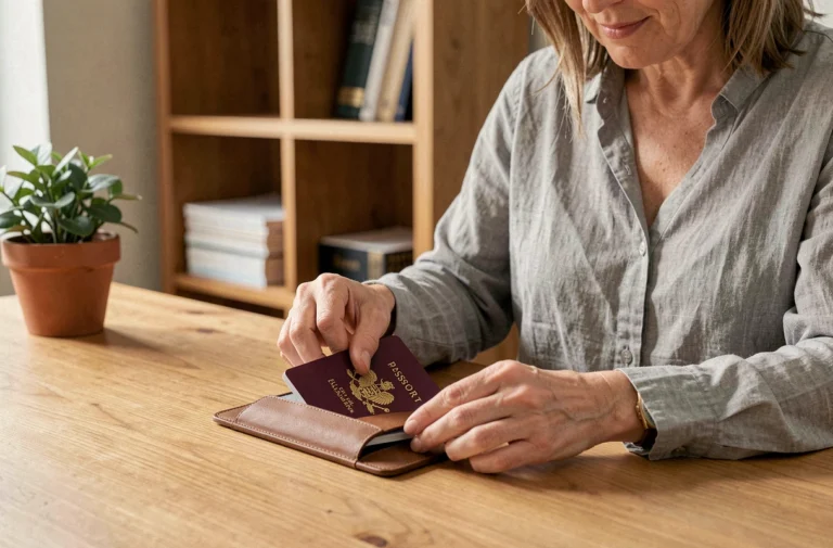 Femme rangeant son passeport dans un organiseur de documents en cuir sur un bureau en bois à la maison