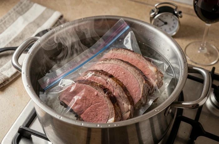 Rosbif réchauffé en bain-marie dans un sac hermétique sur une cuisinière à gaz
