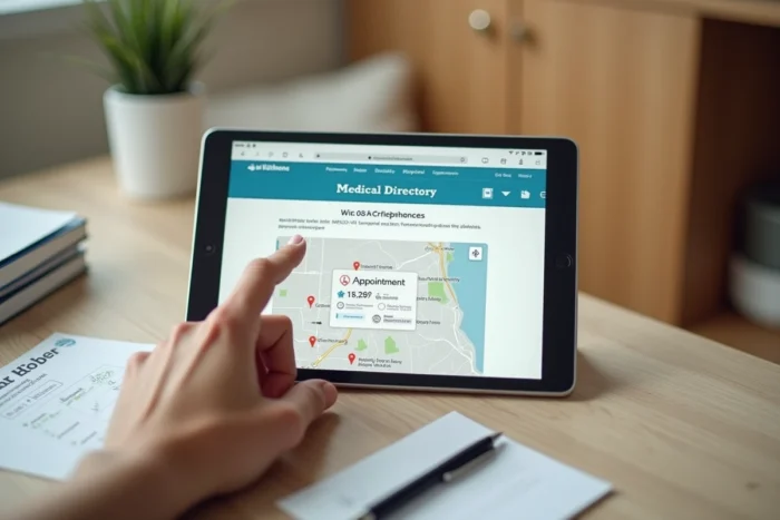 Recherche d'un praticien en hydrotomie percutanée sur une tablette numérique avec une carte de localisation