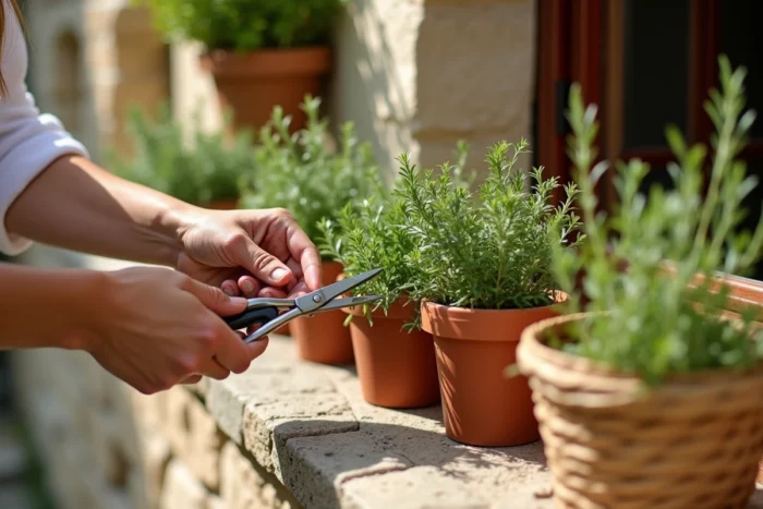 Gros plan de mains féminines coupant des herbes aromatiques fraîches sur un rebord de fenêtre en pierre dans un jardin naturel