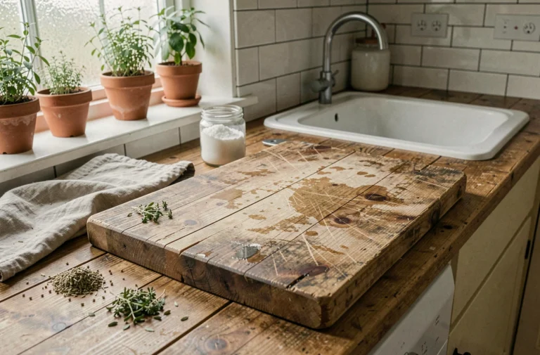 Vieille planche à découper en bois usée posée sur un plan de travail en bois récupéré, entourée de produits naturels pour le nettoyage écologique