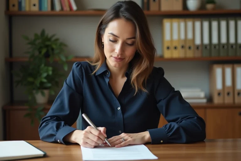 Femme rédigeant un courrier postal à Cetelem depuis son bureau à domicile
