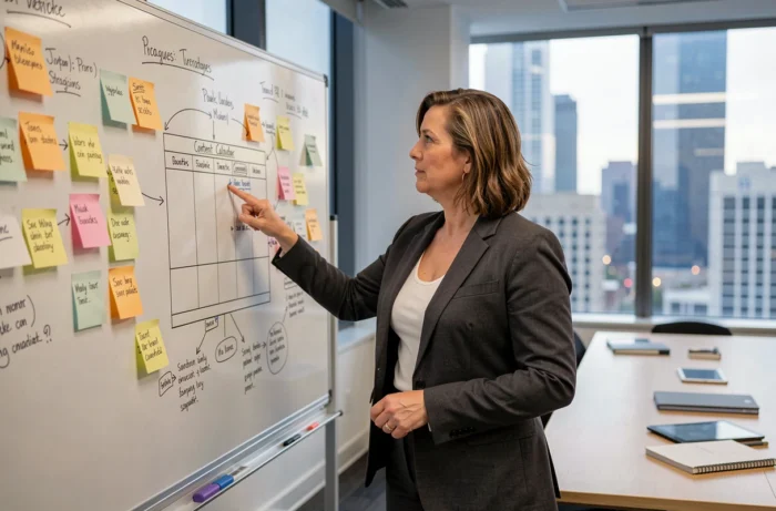 Rédactrice en chef planifiant une stratégie de contenu de blog sur un tableau blanc dans un bureau éditorial urbain