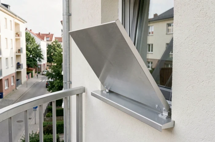 Réflecteur extérieur en aluminium brossé orientable fixé sur un rebord de fenêtre pour rediriger la lumière naturelle vers l'intérieur d'une pièce sombre