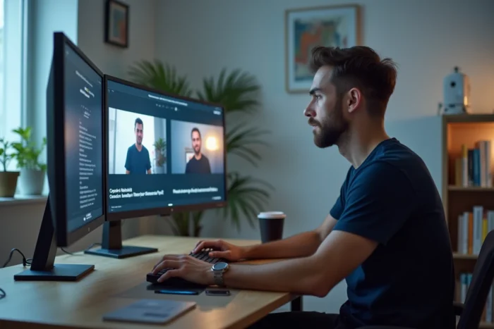 Homme regardant la TV en direct gratuitement sur ordinateur dans un bureau à domicile